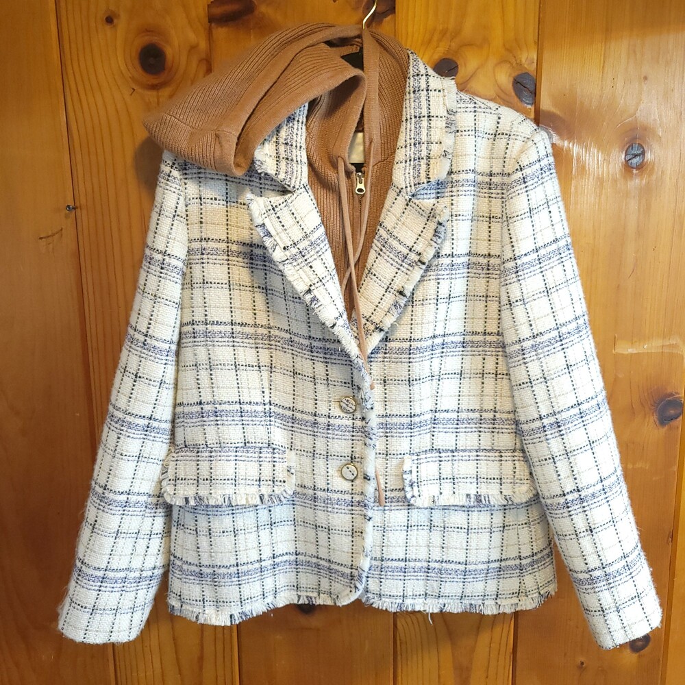 Anthropologie large Blazer Plaid Tweed Jacket Hooded Sweater fall preppy Layered